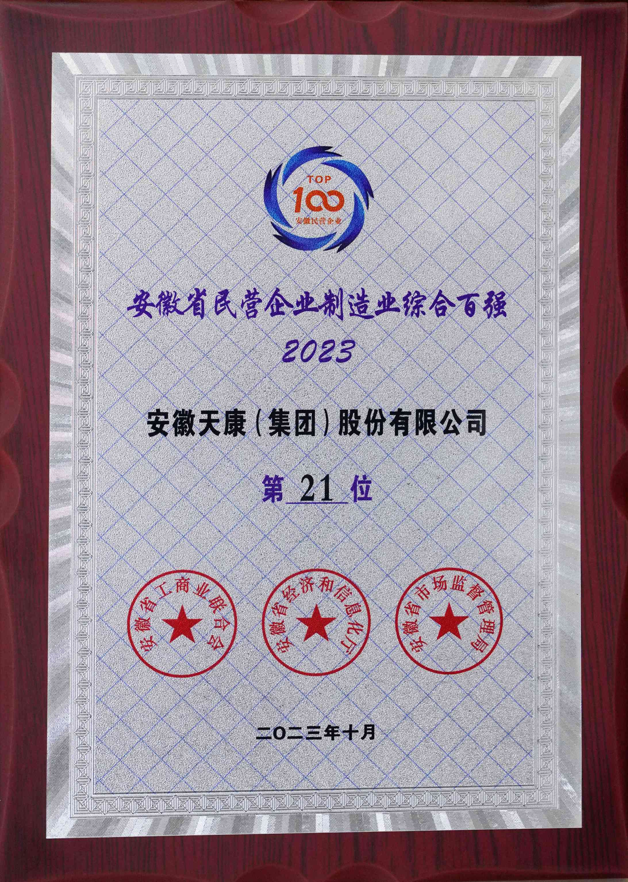 2023安徽省民營企業制造業綜合百強第21位